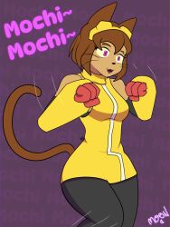  animal_ears border bracers brown_hair cat_ears cat_girl chicken_pose clothed dancing dress_shirt drool english_text eye_color_change fangs female_only femsub furry gameoverse gloves happy_trance kit_bodega_(gameoverse) m00n_key mantra mochi_dance nintendo open_mouth pokemon pokemon_scarlet_and_violet purple_background purple_eyes short_hair simple_background smile solo tail text thighhighs wide_hips 