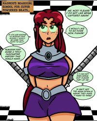  bondage comic crop_top dc_comics dialogue female_only femsub kilroylucy18 long_hair mad_mod midriff miniskirt red_hair starfire tagme teen_titans text 