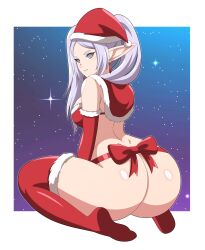 absurdres abyss162 ass bow elf elf_ears female_only femsub frieren frieren:_beyond_journey's_end kneeling large_ass long_hair looking_back santa_hat small_breasts solo spiral_eyes thighhighs twintails white_hair
