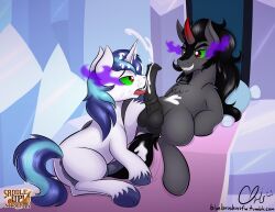 black_hair blue_hair corruption cum cum_on_body cum_on_face fangs fellatio horns horse king_sombra licking long_hair malesub my_little_pony nekocrispy non-human_penis open_mouth penis shining_armor tongue tongue_out unicorn yaoi