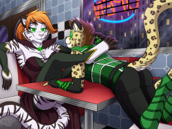  ash_(ashkelling) breasts brown_hair cat_boy cat_girl clothed femdom furry happy_trance heresyart hypnotic_eyes keilani_(keilani) large_breasts leopard_boy non-human_feet original paws red_hair smile tiger_girl witch 
