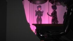  3d bangs beret black_lipstick blue_hair blue_skin bodysuit breasts collar crotch_tattoo cuffs custom_maid_3d_2 drone face_paint femdom hat hypnotized_assistant hypnotized_dom latex li_q multiple_girls multiple_subs open_mouth original red_eyes rubber short_hair standing stasis_tank tight_clothing 