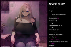  ai_art bangs bare_shoulders blonde_hair blue_eyes breasts caption chair clothed collarbone dazed dialogue gregory_michelson_(generator) huge_breasts large_breasts looking_at_viewer pants shirt sitting text 