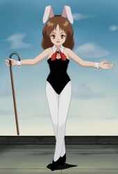 alternate_costume bare_shoulders breasts brown_eyes brown_hair bunny_ears bunnysuit cleavage cuffs empty_eyes fake_animal_ears female_only high_heels leotard looking_at_viewer pantyhose shiori_nishina small_breasts smile solo tetsujin_28_fx tunberuku