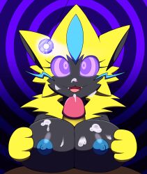  bottomless breasts cat_girl cum cum_on_body cum_on_breasts cum_on_face dr._chaos fangs furry glowing glowing_eyes happy_trance hypno large_breasts nintendo nude open_mouth paizuri pendulum penis pokemon pokemon_(creature) pokephilia ring_eyes topless zeraora 
