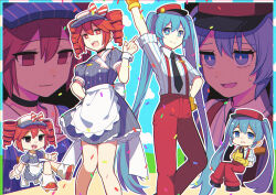 amanerei arms_above_head black_eyes blue_hair chibi choker clothed empty_eyes eyebrows_visible_through_hair fangs female_only femsub gloves hand_on_hip hat heavy_eyelids legs looking_at_viewer mesmerizer_(vocaloid) miku_hatsune open_mouth pants red_eyes red_hair ribbon roller_skates shirt skirt socks standing sweat t-shirt tears teto_kasane tie tongue_out twin_braids twintails vocaloid waitress yuri