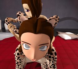  3d ass ass_grab bed bedroom breasts brown_hair cheetah_girl dazed dildo doggy_style femdom hypno-tato original purple_eyes sex sex_toy spiral spiral_eyes strap-on symbol_in_eyes tail yuri 