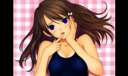  animated animated_eyes_only animated_gif bow brown_hair finger_to_mouth hair_ribbon hairpin lipstick long_hair lying manip masakakikairi_(manipper) on_back one-piece_swimsuit open_mouth original ribbon school_swimsuit solo spiral_eyes swimsuit symbol_in_eyes tony_taka 