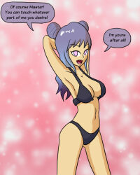  armpits arms_above_head bare_legs bra breasts cleavage collarbone dialogue female_only femsub hand_on_head long_hair looking_at_viewer maledom mythkaz navel open_mouth original panties pink_eyes posing purple_eyes purple_hair simple_background smile solo speech_bubble spiral_eyes standing symbol_in_eyes text underwear 