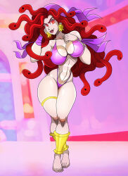 absurdres alternate_costume anklet bandana barefoot bikini bikini_bottom bikini_top breasts captain_syrup collarbone crossed_legs earrings eyeshadow female_only glowing_eyes hand_on_head happy_trance hourglass_figure huge_breasts hypnotic_accessory lipstick looking_at_viewer makeup monster_girl navel nintendo red_eyes red_hair red_lipstick slit_pupils smile snake_hair standing very_long_hair wario_land zorro-zero