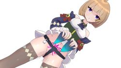 ahoge arm_warmers bare_shoulders blonde_hair breasts chastity corset crotch_tattoo dress empty_eyes expressionless female_only femsub nail_polish navel ooita_yakan original purple_eyes pussy_juice short_hair simple_background skirt skirt_lift solo standing straight-cut_bangs tattoo thighhighs white_background