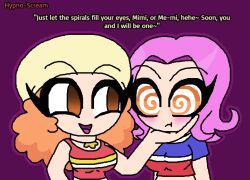  aged_up aura bandai_namco blonde_hair blush breasts chin_hold clothed digimon digimon_adventure_02 dual_persona english_text hypnoscream large_breasts long_hair mimi_tachikawa pink_hair purple_background simple_background spiral_eyes text 
