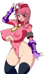  arm_bands blush bow capcom cosplay erect_nipples erect_nipples_under_clothes femsub fingerless_gloves frozen_gingasan gloves hat huge_breasts kyoka_(frozen_gingasan) leotard long_hair looking_at_viewer navel original pink_hair red_eyes saluting shadaloo_dolls shoulder_pads side_ponytail simple_background smile street_fighter thick_thighs thighhighs tight_clothing underboob white_background 