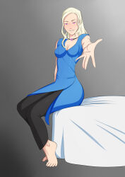 absurdres barefoot bed blush breasts collar daenerys_targaryen feet female_only femsub game_of_thrones happy_trance hypnotic_accessory long_hair oo_sebastian_oo open_mouth pink_eyes silver_hair sitting smile