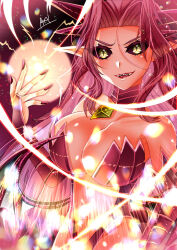  angela_(mana) bare_shoulders black_sclera breasts corruption dragon_lord elf_ears eye_color_change femsub horns large_breasts midriff nail_polish navel orb possession sakayaki slit_pupils square_enix trials_of_mana yellow_eyes 