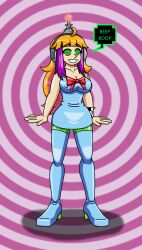 absurdres antenna erect_nipples female_only fembot femsub happy_trance headphones hypnotic_accessory latex long_hair original pink_hair purple_hair red_hair ribbon robotization skirt smile spiral_eyes supertechno324 symbol_in_eyes tech_control text thighhighs vi_(vynil) western