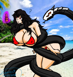  black_hair breast_expansion breasts coils confused erect_nipples femsub grimm_(rwby) huge_breasts hypnotic_tail large_breasts long_hair rattlesnake raven_branwen rwby snake story zarvex3 