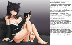 animal_ears barefoot black_hair blake_belladonna breasts caption cat_girl cslucaris empty_eyes feet female_only femsub hypnoslave1095_(manipper) hypnotic_food large_breasts long_hair manip open_mouth pet_play popsicle rwby text