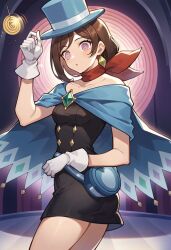  ace_attorney ai_art andruxa_(generator) ass brown_hair cape earrings gloves hat jewelry magician open_mouth pendulum scarf small_breasts spiral_eyes stable_diffusion_(ai) stage trucy_wright 