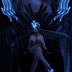 3d absurdres bare_shoulders blue_eyes cleavage clothed control_indicator corruption crossed_legs crown expressionless eye_color_change femsub fingerless_gloves gloves glowing glowing_eyes irelia_(league_of_legends) ireliabubblebutt large_breasts league_of_legends legs maledom nipples possession ruination sitting very_long_hair viego_(league_of_legends) white_hair