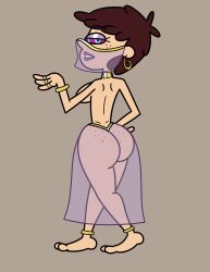 absurdres anklet apopop ass barefoot breasts brown_hair female_only femsub freckles harem_outfit jewelry kaa_eyes looking_at_viewer looking_back loud_house luna_loud nickelodeon see-through short_hair simple_background