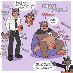  balls before_and_after blueballs blush bottomless corruption dialogue dress_shirt fat furry hair_covering_both_eyes happy_trance humor instant_loss male_only malesub open_mouth original penis preacher_wolf_(blueballs) ring_eyes sitting smile text tie tongue tongue_out transformation uncircumcised video_game weight_gain wolf_boy 