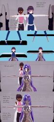  3d bangs before_and_after belt blue_eyes brown_eyes brown_hair clothed comic dark_skin english_text expressionless female_only femdom femsub glasses lab_coat long_hair nude open_mouth pants purple_eyes purple_hair robot_girl robotization smile text wfay42 