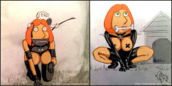 bodysuit bondage breasts brian_griffin collar cross_pasties earrings family_guy femsub furry jewelry kneeling leather lois_griffin maledom pasties pet_play raygun red_hair ring_eyes shrunken_irises stewie_griffin studded_collar thighhighs topless vylfgor western