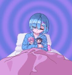 animated animated_gif bed blue_hair closed_eyes drool earbuds fabius femsub hair_covering_one_eye hair_ornament hug hypnotic_audio natsuki_subaru pajamas pillow pixel_art ram_(re:zero) re:zero_starting_life_in_another_world rem_(re:zero) simple_background sleeping sleepy spiral_background wholesome wires 