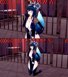  3d animal_ears armpits blue_archive blue_hair breasts cleavage collarbone corporatification cosplay crossover eye_color_change eyebrows_visible_through_hair fate/grand_order fate_(series) female_only femsub fox_ears fox_girl fox_tail gloves halo hand_on_hip high_heels hip_vents kneeling koikatsu! koyanskaya large_breasts long_hair looking_at_viewer opera_gloves saori_(blue_archive) see-through sexually_suggestive solo tail tongue tongue_out transformation twinning xyz yellow_eyes zipper 