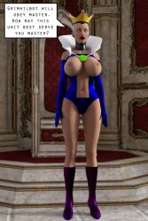 3d breasts crown dialogue disney exposed_chest female_only fembot femsub grimhilde high_heels jewelry large_breasts robot robotization snow_white_and_the_seven_dwarfs solo tech_control text theheckle whitewash_eyes