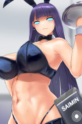  bikini_top blush bow_tie breasts bunny_ears bunnysuit cell_phone collar cuffs fate/grand_order fate_(series) female_only femsub gachou garter_straps glowing glowing_eyes hypnotic_app large_breasts long_hair looking_at_viewer manip midriff misterman4_(manipper) purple_hair saint_martha spiral_eyes sweat symbol_in_eyes tech_control text tray waitress 