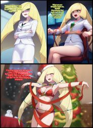 ai_art before_and_after blonde_hair christmas dialogue femsub happy_trance large_breasts long_hair lusamine milf nintendo pokemon spiral_eyes swimsuit tagme text
