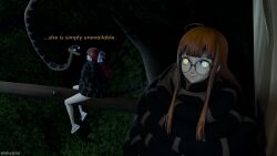  3d ahoge bangs bare_legs coils dazed disney eh female_only femsub futaba_sakura glasses hair_ribbon happy_trance jungle kaa kaa_eyes long_hair multicolored_hair orange_hair persona_(series) persona_5 persona_5_royal ponytail purple_hair red_hair resisting restrained sandals smile snake solo spread_legs sumire_yoshizawa tank_top text the_jungle_book trees weak_resistance 