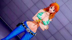  3d angry animated bikini_top bracelet breasts cleavage crossed_eyes dialogue earrings empty_eyes expressionless female_only femsub hand_on_hip jeans large_breasts long_hair nami_(one_piece) one_piece open_mouth orange_hair pink_eyes ring_eyes solo sound standing swimsuit tattoo text uyunsyu_(manipper) video 