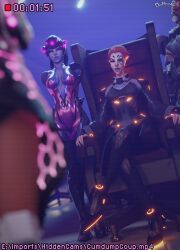 3d arms_behind_back breasts chair cleavage clothed crossed_legs dochaunt english_text femdom femsub long_hair moira_o&#039;deorain orange_hair overwatch purple_hair purple_skin short_hair sitting sombra_(overwatch) tagme text widowmaker