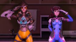  3d animated animated_gif breasts clothed d.va dazed expressionless female_only femsub large_breasts long_hair multiple_girls multiple_subs open_mouth overwatch saluting seamless short_hair smile text tracer 
