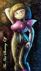  ameerashourdraws bodysuit brown_eyes brown_hair chara_(undertale) color english_text female_only femsub gloves happy_trance latex looking_at_viewer mettaton posing robotization short_hair shoulder_pads smile solo standing text tights undertale uniform 