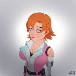  drool female_only femsub hypnoboba nora_valkyrie orange_hair rwby simple_background spiral_eyes standing standing_at_attention symbol_in_eyes 
