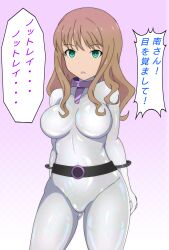  absurdres alice_gear_aegis belt bodysuit breasts brown_hair corruption empty_eyes enemy_conversion expressionless gloves green_eyes huge_breasts long_hair notraider opera_gloves precure simple_background text thighs translation_request vicebossjon yume_minami 