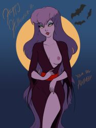  awmbh breasts dark_skin dress female_only femsub glowing glowing_eyes happy_trance large_breasts long_hair multicolored_hair scooby-doo_(series) scooby-doo_and_the_ghoul_school sibella_dracula solo topless vampire western 