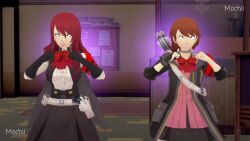  3d bouncing_breasts brown_hair chicken_pose clothed english_text female_only femsub happy_trance koikatsu! lunastra mitsuru_kirijo mochi_dance persona_(series) persona_3 purple_eyes red_hair text video yukari_takeba 