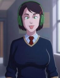 ai_art black_hair crossed_eyes female_only femsub headphones hypnotic_accessory maddie_kim pantheon_(series) school_uniform short_hair solo standing suit sweater tie tongue tongue_out zupern0va_(manipper)