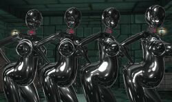  3d collar custom_maid_3d_2 drone faceless female_only femsub hand_on_hip hidoi_koto_suru_man large_breasts latex mask multiple_girls multiple_subs posing pregnant rubber standing tech_control tight_clothing 