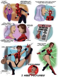 alternate_costume ass before_and_after boots brown_hair comic corruption enthralla eye_beams female_only femdom femsub glowing glowing_eyes happy_trance humor hypnotic_eyes j_jonah_jameson looking_back marvel_comics mask may_mayday_parker polmanning short_hair spider-girl spider-man_(series) super_hero text x-men
