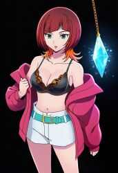 ai_art aura bandai_namco bare_shoulders belt black_background bra breasts cleavage crystal digimon digimon_beatbreak empty_eyes expressionless female_only femsub green_eyes hellsing002_(generator) jacket lingerie midriff navel orange_hair pendulum red_hair reina_sakuya shorts simple_background solo thighs undressing