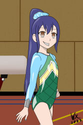  bare_legs blue_hair braces brown_eyes empty_eyes fairy_tail female_only femsub gym_uniform hand_on_hip happy_trance long_hair nail_polish ponytail signature smile solo standing very_long_hair weirdfoxx wendy_marvell 