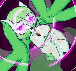  breasts cleavage femdom gardevoir glowing glowing_eyes green_hair large_breasts looking_at_viewer masked_agent nintendo nipples open_clothes pink_eyes pokemon pokemon_(creature) pokephilia pov pov_sub solo 