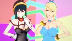  3d absurdres black_hair blonde_hair bow_tie brown_eyes bunny_ears bunny_girl bunnysuit cleavage collarbone cuffs earrings empty_eyes fake_animal_ears female_only femsub finger_to_mouth gloves green_eyes hair_band hand_on_hip happy_trance koikatsu! large_breasts long_hair maledom metroid_(series) multiple_girls multiple_subs nintendo ponytail samus_aran shadow1333 simple_background smile spy_x_family tongue tongue_out yor_briar 