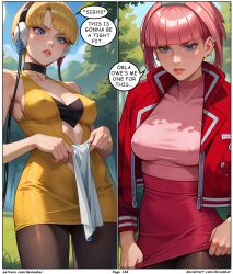 ai_art blonde_hair devianbar dialogue elesa headphones large_breasts long_hair mollie_(pokemon) nintendo pink_hair pokemon short_hair team_hypno text